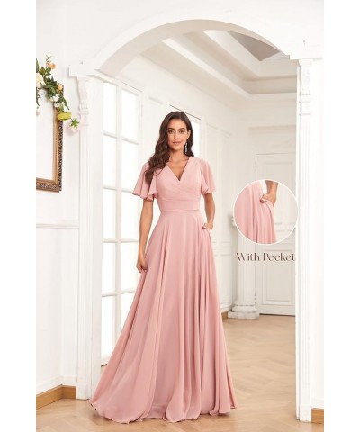 Long Chiffon Bridesmaid Dresses for Wedding Short Sleeve V Neck Formal Eevning Dresses Yellow $30.24 Dresses