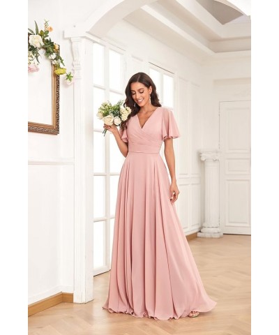 Long Chiffon Bridesmaid Dresses for Wedding Short Sleeve V Neck Formal Eevning Dresses Yellow $30.24 Dresses