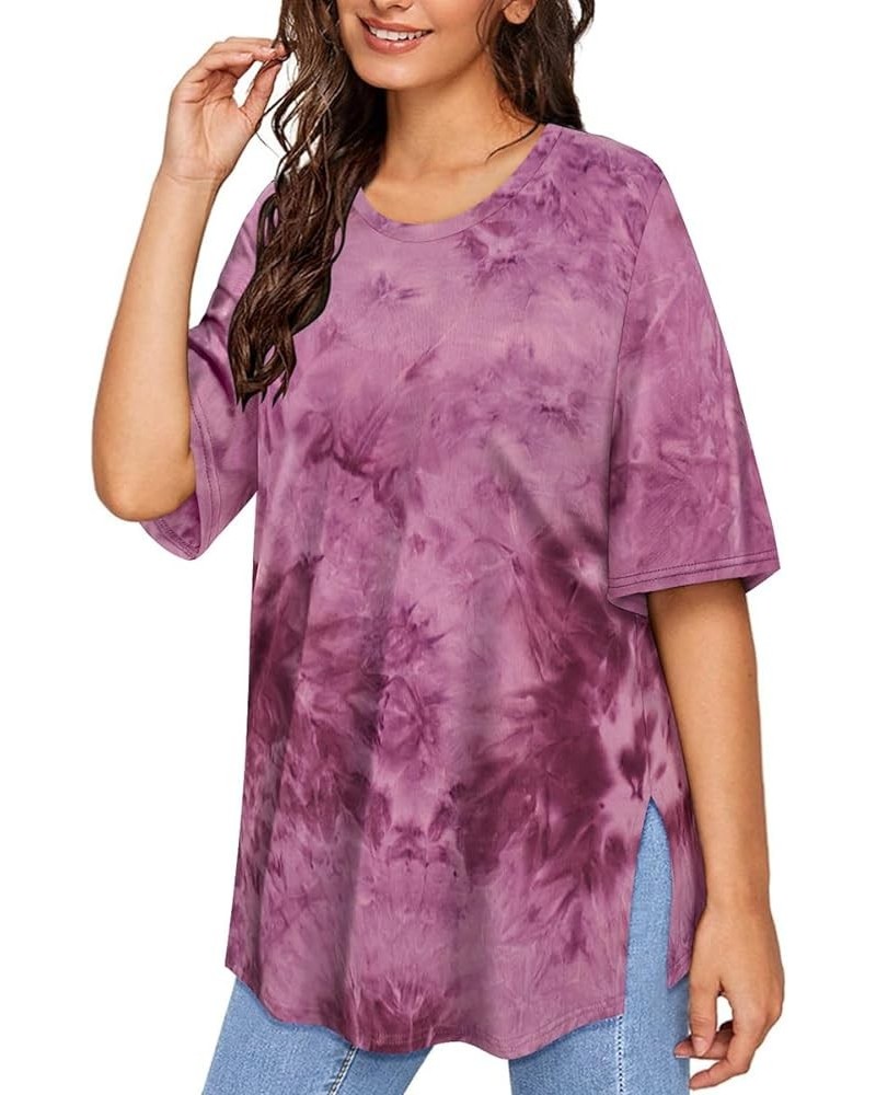 Plus Size Tops Summer Short Sleeve Shirts For Women Crewneck Tunics Pocket/Distressed (XL-5XL) 3990-pink Tie Dye $18.28 Tops