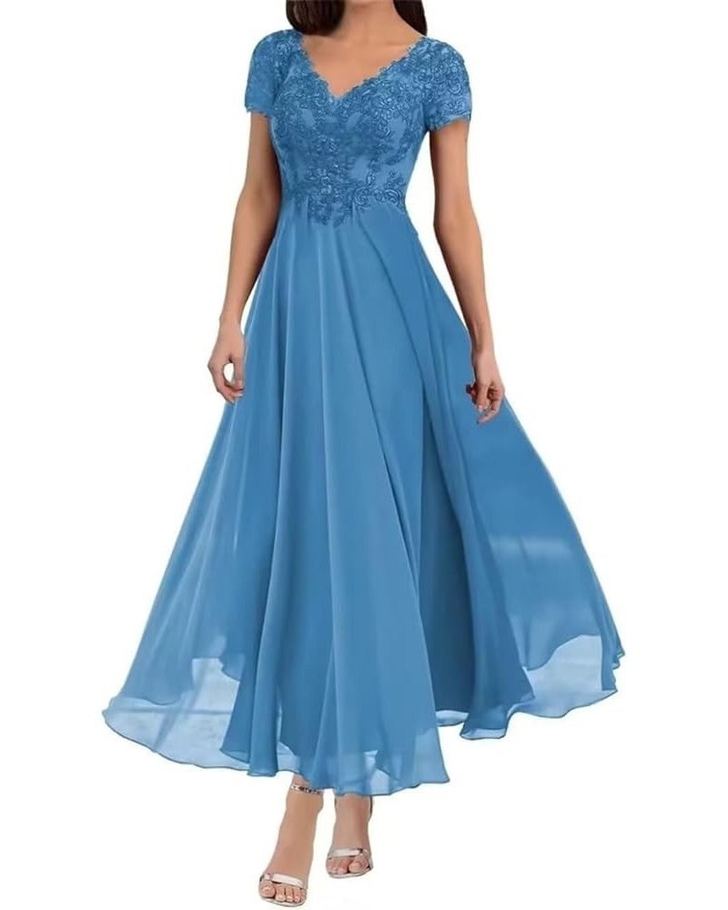 Mother of The Bride Dresses Tea Length Lace Appliques Chiffon Short Sleeve V Neck Formal Evening Dresses for Women Blue $37.0...