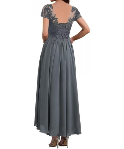 Mother of The Bride Dresses Tea Length Lace Appliques Chiffon Short Sleeve V Neck Formal Evening Dresses for Women Blue $37.0...