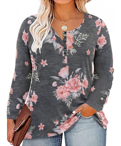 Womens Plus Size Henley Tops Long Sleeve Shirts Crewneck Button Up Blouse Pullover XL-5X 9-floral $10.00 Tops