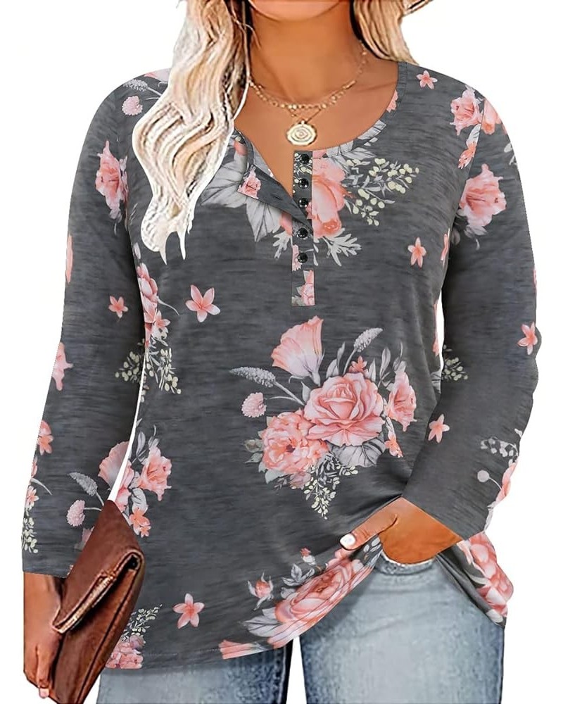 Womens Plus Size Henley Tops Long Sleeve Shirts Crewneck Button Up Blouse Pullover XL-5X 9-floral $10.00 Tops