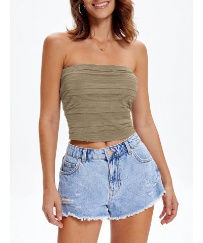 Women's Strapless Crop Tops Textured Pleated Sleeveless Tanks Summer Sexy Tube Top Khaki $10.59 Tanks