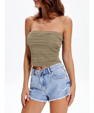 Women's Strapless Crop Tops Textured Pleated Sleeveless Tanks Summer Sexy Tube Top Khaki $10.59 Tanks