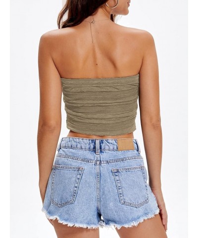 Women's Strapless Crop Tops Textured Pleated Sleeveless Tanks Summer Sexy Tube Top Khaki $10.59 Tanks