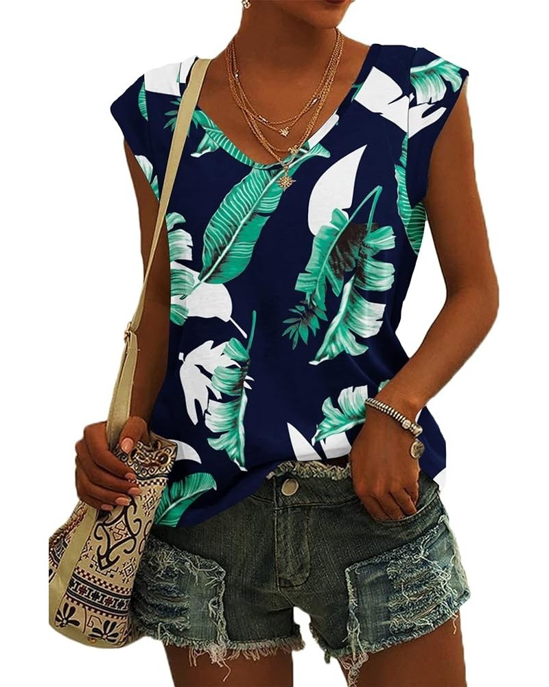 Womens Cap Sleeve T-Shirt Casual Loose Fit Tank Tops Print Blue $8.34 Tanks