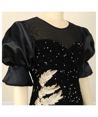 Women's Black Mesh Puff Sleeve Velvet Glitter Embroidery Sequin Maxi Dress Black $29.69 Dresses