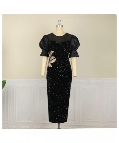 Women's Black Mesh Puff Sleeve Velvet Glitter Embroidery Sequin Maxi Dress Black $29.69 Dresses