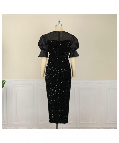 Women's Black Mesh Puff Sleeve Velvet Glitter Embroidery Sequin Maxi Dress Black $29.69 Dresses