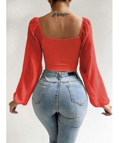 Women Ruched Drawstring Blouses Long Puff Sleeve Front V Neck Crop Tee Top Red $11.00 T-Shirts