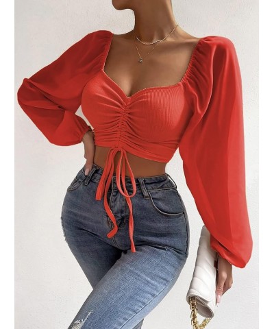 Women Ruched Drawstring Blouses Long Puff Sleeve Front V Neck Crop Tee Top Red $11.00 T-Shirts