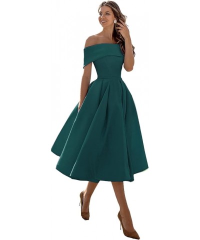 Women's Off The Shoulder Bridesmaid Dresses Short Satin A-line Tea Length Prom Formal Dress with Pockets Teal $27.36 Dresses