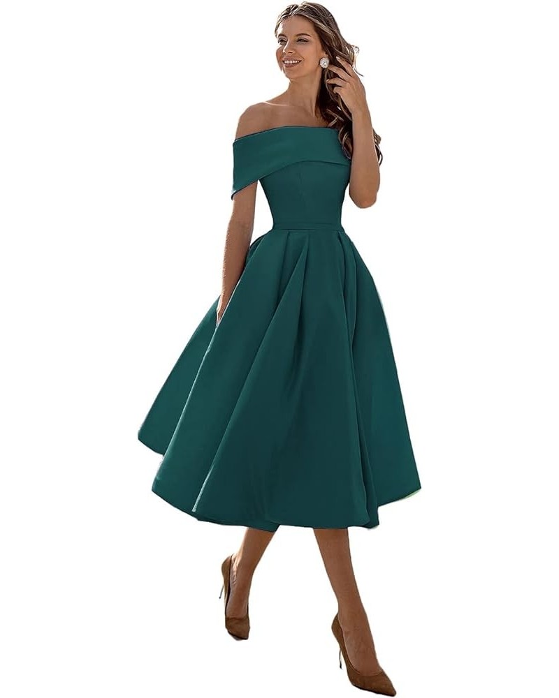 Women's Off The Shoulder Bridesmaid Dresses Short Satin A-line Tea Length Prom Formal Dress with Pockets Teal $27.36 Dresses