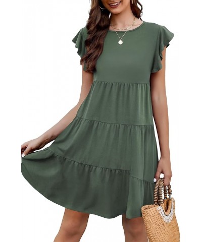 Summer Dress for Women Cute Ruffle Sleeve Loose Fit Dress Crewneck Tiered Bbydoll Casual Swing A-Line Sundresses Army Green $...