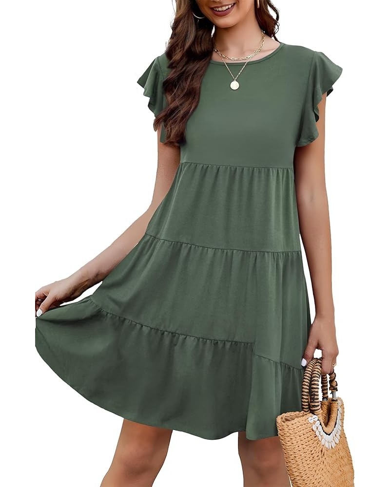 Summer Dress for Women Cute Ruffle Sleeve Loose Fit Dress Crewneck Tiered Bbydoll Casual Swing A-Line Sundresses Army Green $...