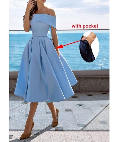 Women's Off The Shoulder Bridesmaid Dresses Short Satin A-line Tea Length Prom Formal Dress with Pockets Teal $27.36 Dresses