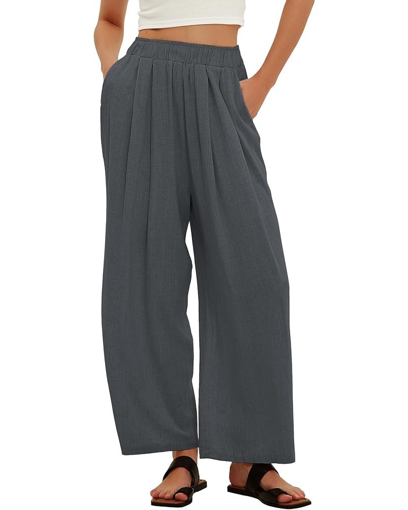 Women Linen Pants High Waist Wide Leg Palazzo Pants Casual Loose Long Trousers with Pockets Dark Grey $10.00 Pants