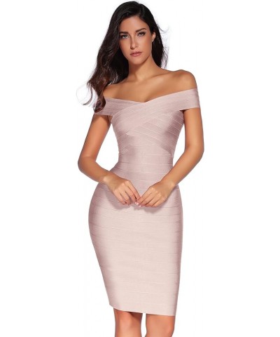 Women's Rayon Off Shoulder Bandage Bodycon Party Dress Wedding Guest Dress Light Pink $38.49 Dresses