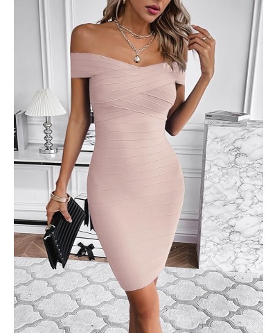 Women's Rayon Off Shoulder Bandage Bodycon Party Dress Wedding Guest Dress Light Pink $38.49 Dresses