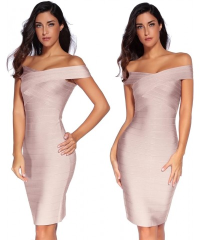 Women's Rayon Off Shoulder Bandage Bodycon Party Dress Wedding Guest Dress Light Pink $38.49 Dresses