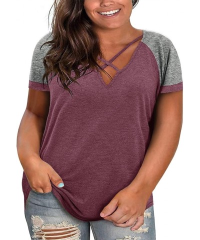 Plus Size Tops for Women Summer Short Sleeve Sexy V Neck Criss Cross T-Shirts Tunic Casual Loose Soft Tee Shirt Z01-wine Red ...