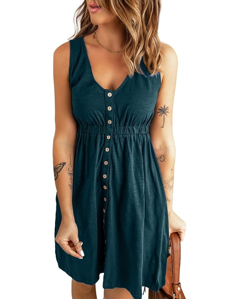 Women's Casual Sleeveless T-Shirt Dresses Summer V Neck Button Down Swing Short Dress A-dark Green-2 $21.65 Dresses