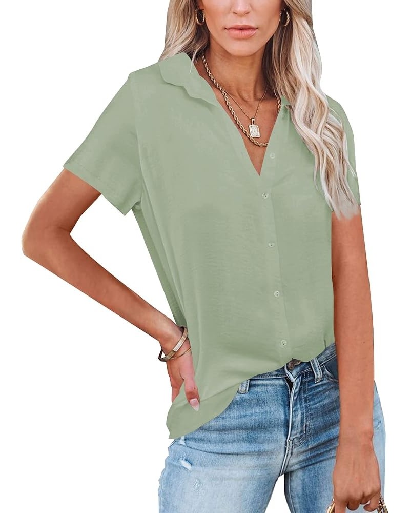 Womens Button Down V Neck Shirts Long/Short Sleeve Office Casual Business Plain Blouses Tops D-bean Green $16.66 Blouses