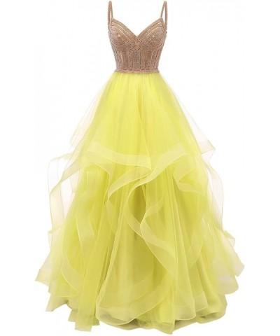 Tulle Crystal Beaded Ball Gown V Neck Tiered Long Prom Dress Spaghetti Strap Formal Evening Party Dress Yellow $32.55 Dresses