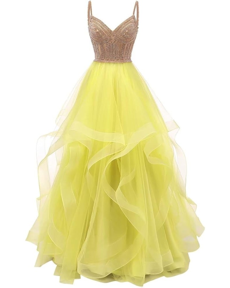 Tulle Crystal Beaded Ball Gown V Neck Tiered Long Prom Dress Spaghetti Strap Formal Evening Party Dress Yellow $32.55 Dresses