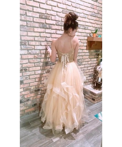 Tulle Crystal Beaded Ball Gown V Neck Tiered Long Prom Dress Spaghetti Strap Formal Evening Party Dress Yellow $32.55 Dresses