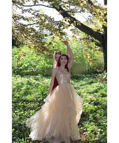 Tulle Crystal Beaded Ball Gown V Neck Tiered Long Prom Dress Spaghetti Strap Formal Evening Party Dress Yellow $32.55 Dresses