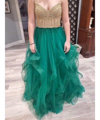 Tulle Crystal Beaded Ball Gown V Neck Tiered Long Prom Dress Spaghetti Strap Formal Evening Party Dress Yellow $32.55 Dresses