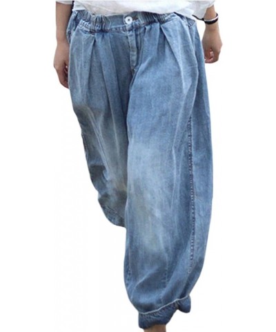 Womens Cropped Baggy Pants Wide Leg Loose Fit Lightweight Casual Denim Print Oversized Elastic Mid Waist Jeans Blue $20.39 Jeans