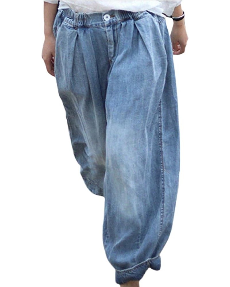 Womens Cropped Baggy Pants Wide Leg Loose Fit Lightweight Casual Denim Print Oversized Elastic Mid Waist Jeans Blue $20.39 Jeans