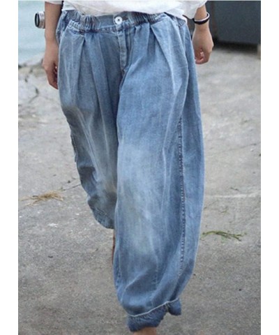 Womens Cropped Baggy Pants Wide Leg Loose Fit Lightweight Casual Denim Print Oversized Elastic Mid Waist Jeans Blue $20.39 Jeans