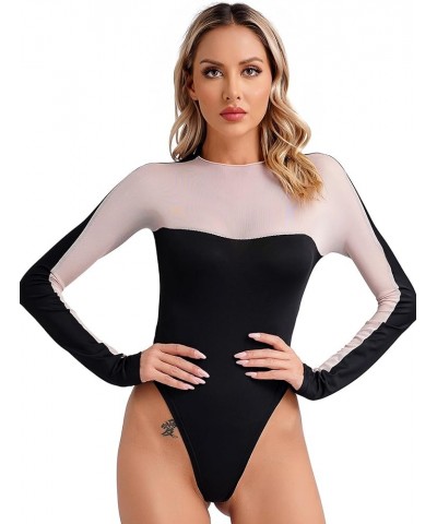 Women's Long Sleeve Top Crew Neck Leotard Sheer Mesh See Through Breathable Bodysuits Shirts Spliced Khaki a $7.34 Bodysuits