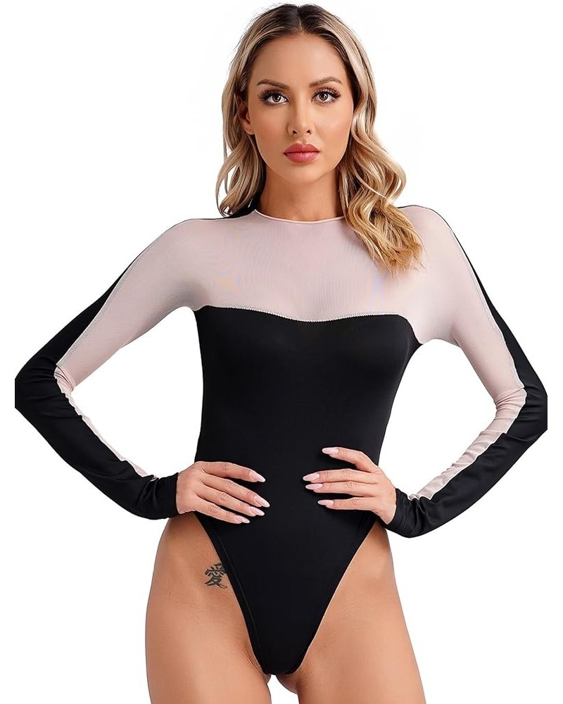 Women's Long Sleeve Top Crew Neck Leotard Sheer Mesh See Through Breathable Bodysuits Shirts Spliced Khaki a $7.34 Bodysuits