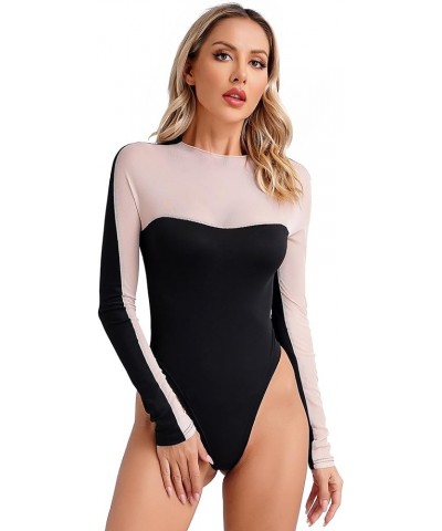 Women's Long Sleeve Top Crew Neck Leotard Sheer Mesh See Through Breathable Bodysuits Shirts Spliced Khaki a $7.34 Bodysuits