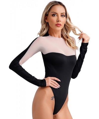 Women's Long Sleeve Top Crew Neck Leotard Sheer Mesh See Through Breathable Bodysuits Shirts Spliced Khaki a $7.34 Bodysuits