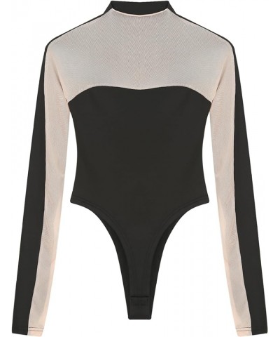 Women's Long Sleeve Top Crew Neck Leotard Sheer Mesh See Through Breathable Bodysuits Shirts Spliced Khaki a $7.34 Bodysuits