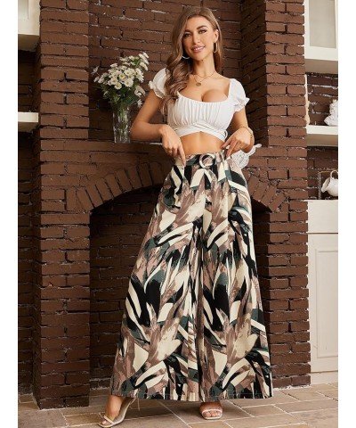 Women's High Waist Belted Pockets Pants Graphic Print Wide Leg Loose Palazzo Pants Trousers White Purple $10.00 Pants