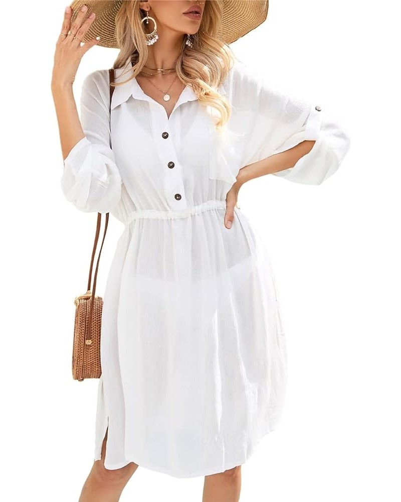 Summer Casual Swimsuit Cover Ups for Women Beach Shirt Tunic Dress W-white1 $16.42 Swimsuits