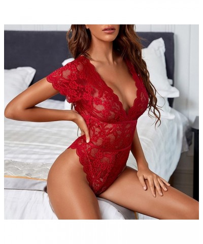 Lingerie for Women Sexy Naughty Lingerie Bodysuit One Piece Lace Cups Halter Teddy Mesh Babydoll Negligees Wine $8.63 Lingerie