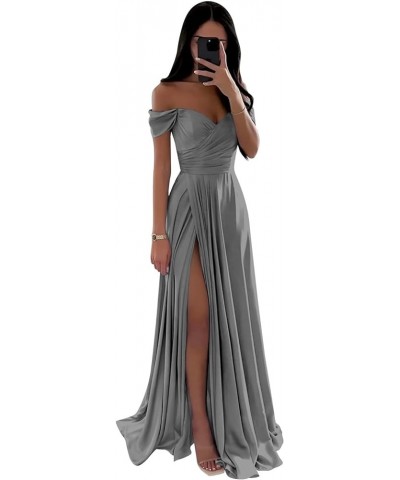 Off The Shoulder Satin Bridesmaid Dresses for Wedding Long Ruched Corset Formal Prom Dress with Slit Grey $37.50 Dresses