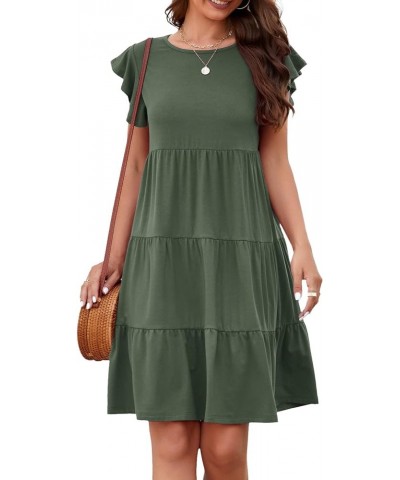 Summer Dress for Women Cute Ruffle Sleeve Loose Fit Dress Crewneck Tiered Bbydoll Casual Swing A-Line Sundresses Army Green $...