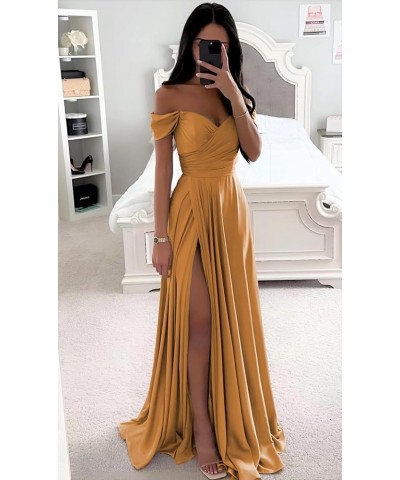 Off The Shoulder Satin Bridesmaid Dresses for Wedding Long Ruched Corset Formal Prom Dress with Slit Grey $37.50 Dresses