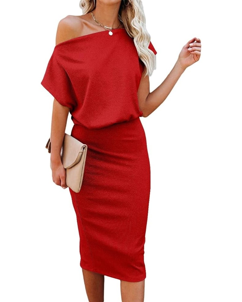 Women's 2023 Summer Dress Off The Shoulder Short Sleeve Ribbed Casual Party Bodycon Midi Dresses Red $25.64 Dresses