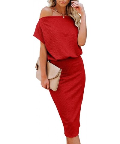 Women's 2023 Summer Dress Off The Shoulder Short Sleeve Ribbed Casual Party Bodycon Midi Dresses Red $25.64 Dresses