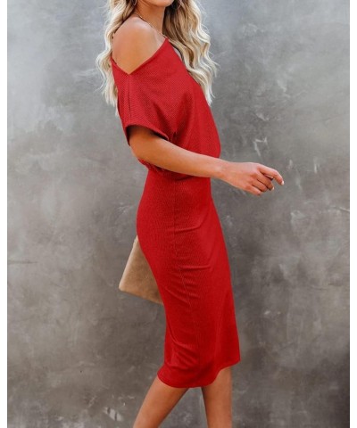 Women's 2023 Summer Dress Off The Shoulder Short Sleeve Ribbed Casual Party Bodycon Midi Dresses Red $25.64 Dresses